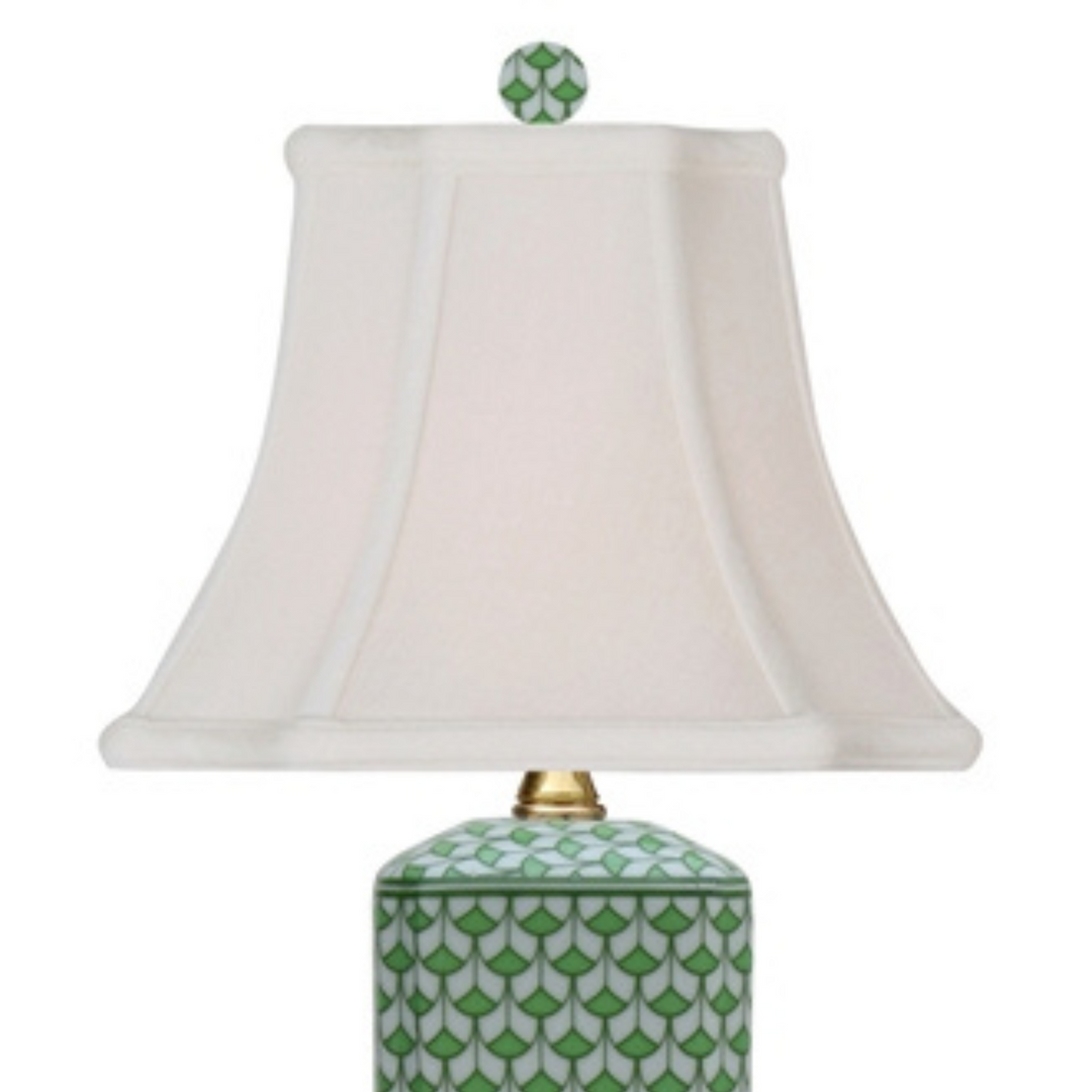 Single Petite Green & White Fishnet Porcelain Table Lamp With Gold Base