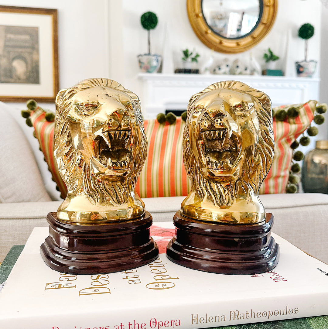 Vintage Solid Brass Roaring Lion Bookends