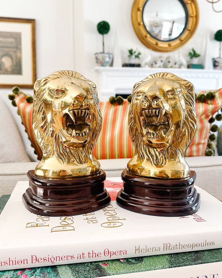 Vintage Solid Brass Roaring Lion Bookends