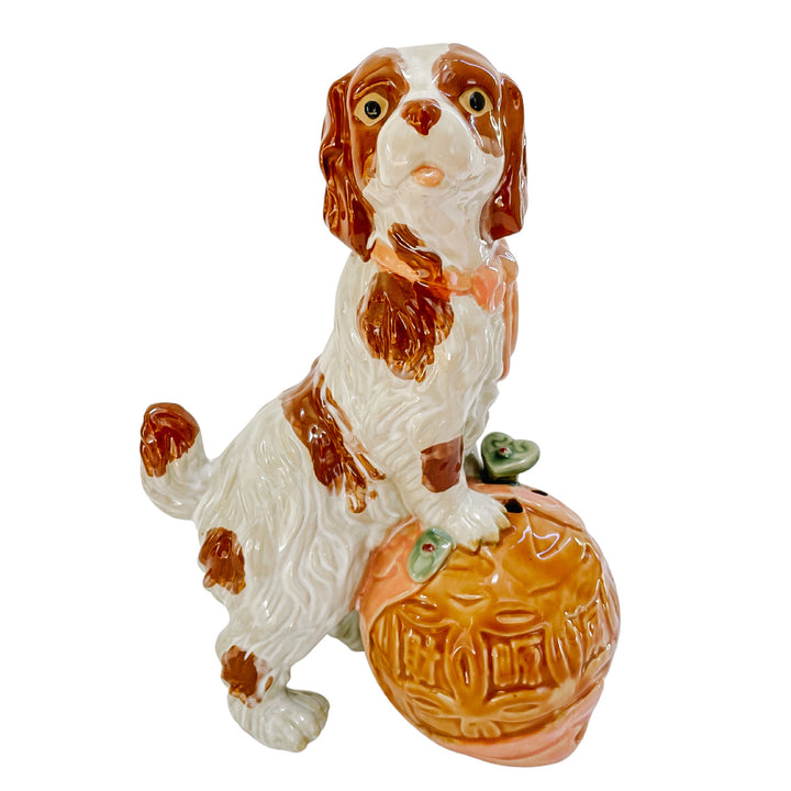 Large 12" Staffordshire Style Pottery Spaniel On Carved Ball