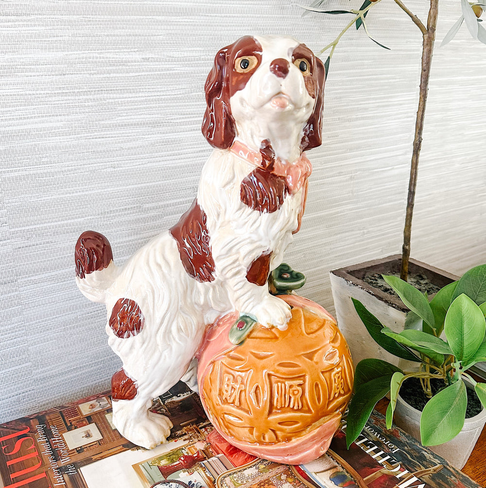Large Staffordshire Style Pottery Spaniel On Carved Ball