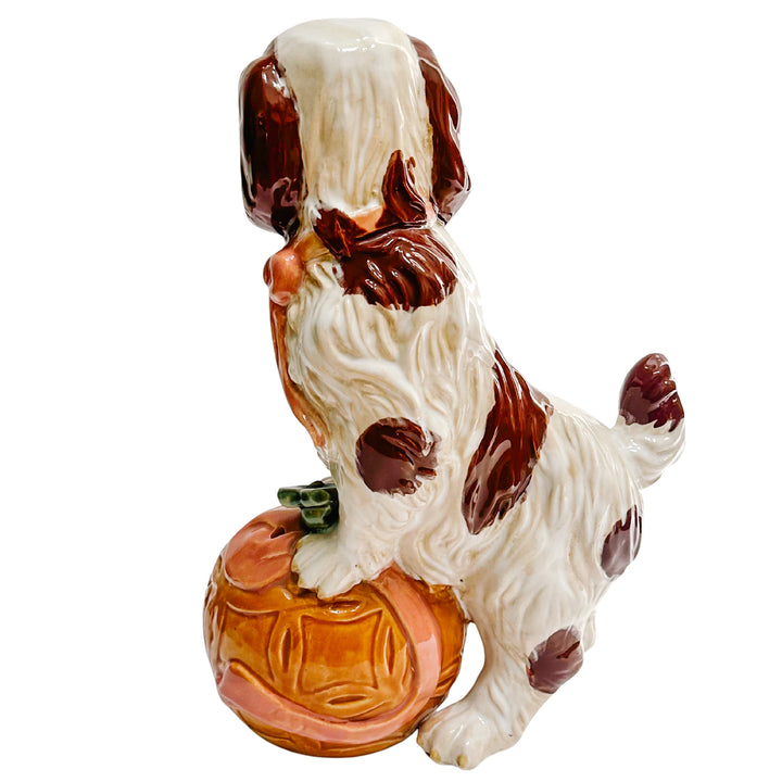 Large Staffordshire Style Pottery Spaniel On Carved Ball