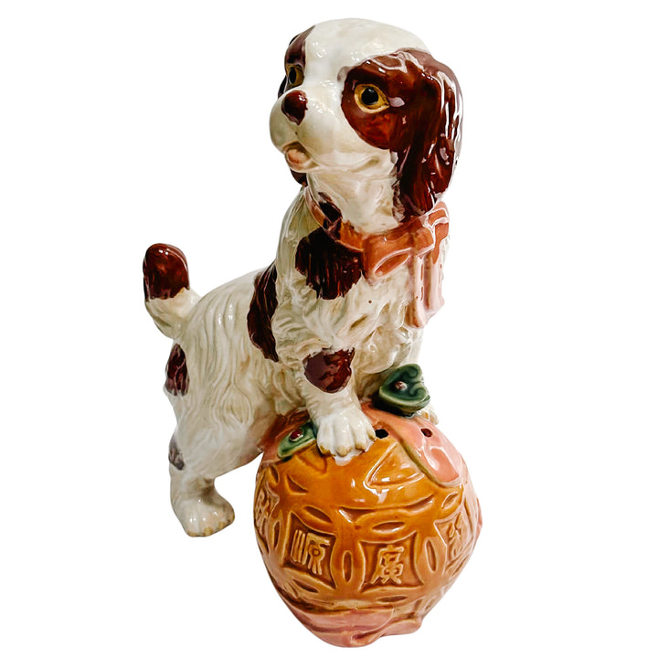 Large Staffordshire Style Pottery Spaniel On Carved Ball