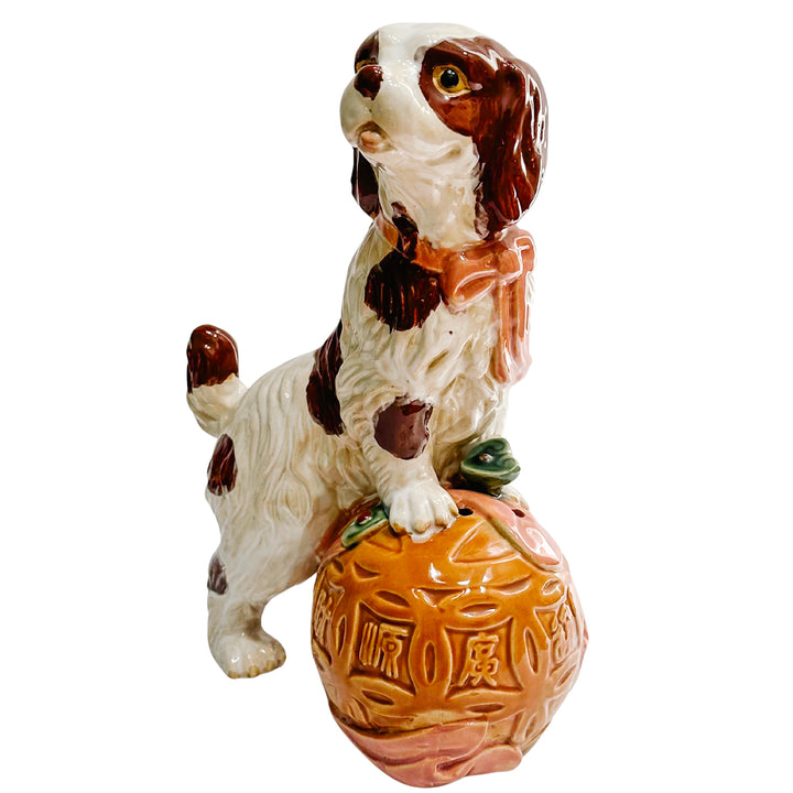 Large Staffordshire Style Pottery Spaniel On Carved Ball