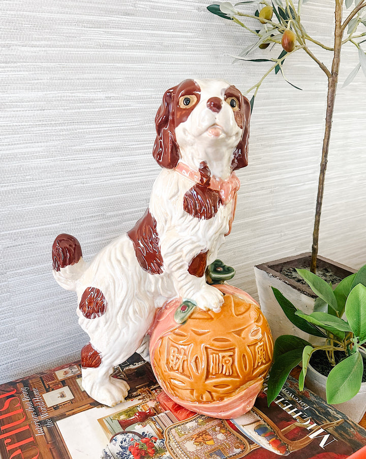Large Staffordshire Style Pottery Spaniel On Carved Ball