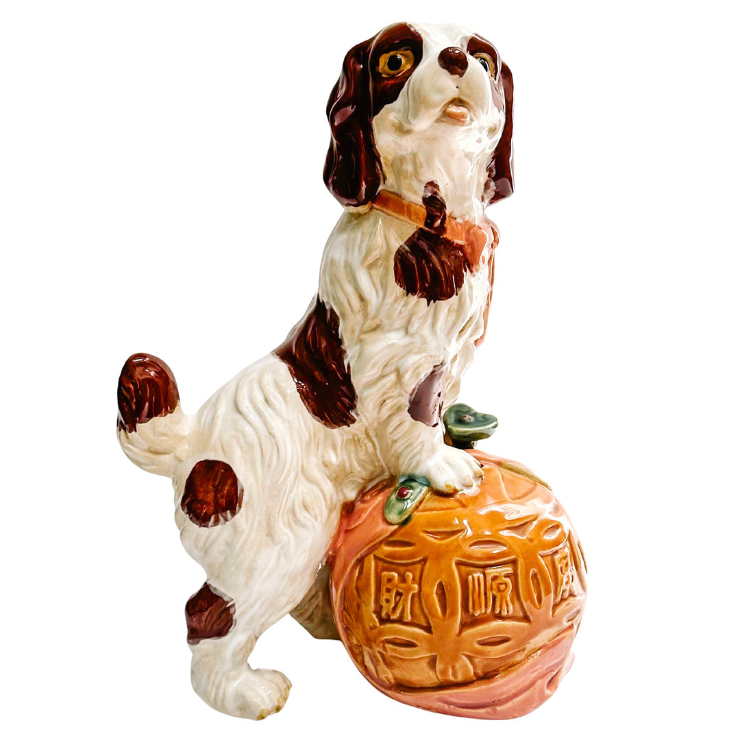 Large Staffordshire Style Pottery Spaniel On Carved Ball