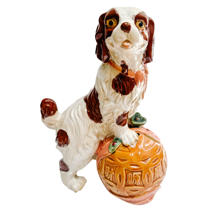 Large Staffordshire Style Pottery Spaniel On Carved Ball