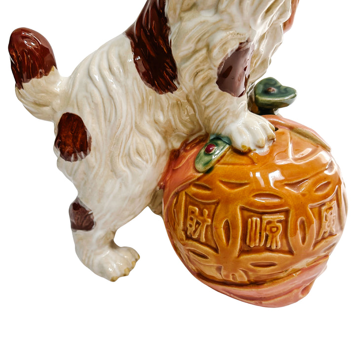 Large Staffordshire Style Pottery Spaniel On Carved Ball