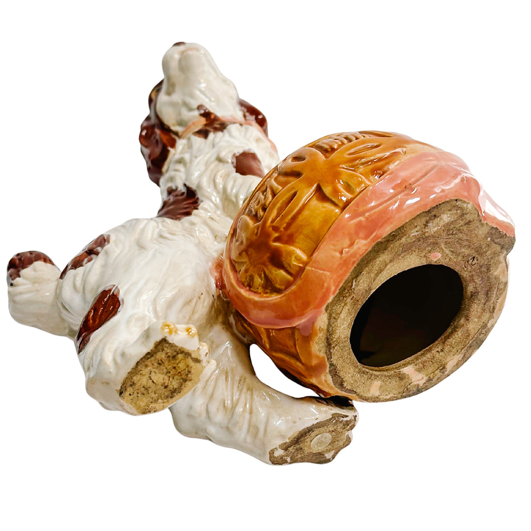 Large Staffordshire Style Pottery Spaniel On Carved Ball
