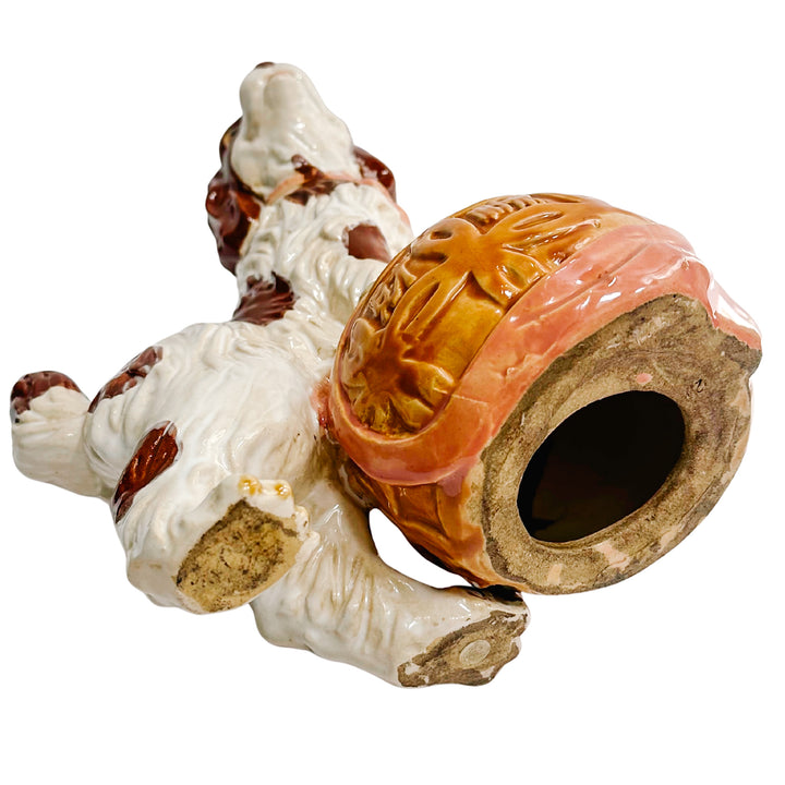 Large Staffordshire Style Pottery Spaniel On Carved Ball