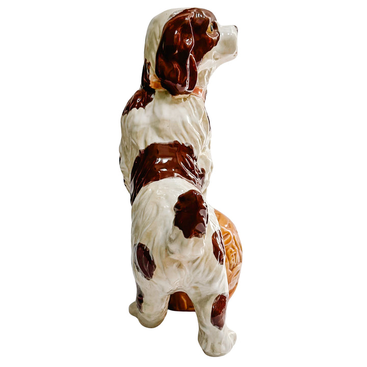 Large Staffordshire Style Pottery Spaniel On Carved Ball