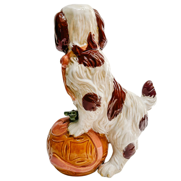 Large Staffordshire Style Pottery Spaniel On Carved Ball