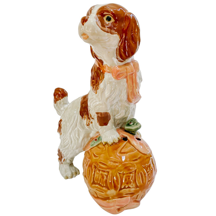 Large 12" Staffordshire Style Pottery Spaniel On Carved Ball