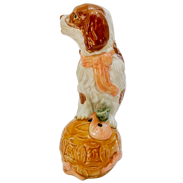 Large 12" Staffordshire Style Pottery Spaniel On Carved Ball
