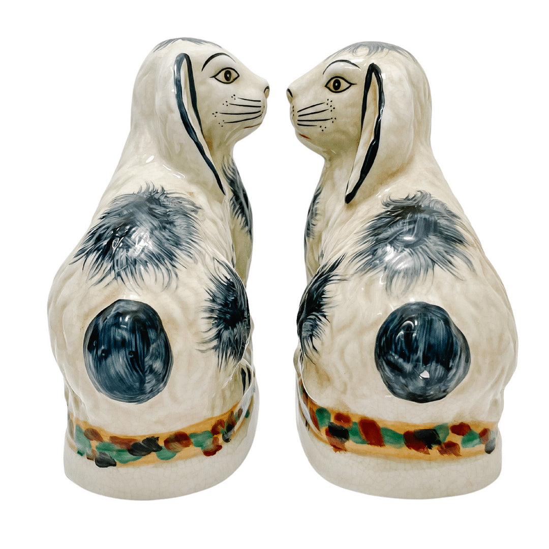 Staffordshire Style Blue and White Bunny Figurines 
