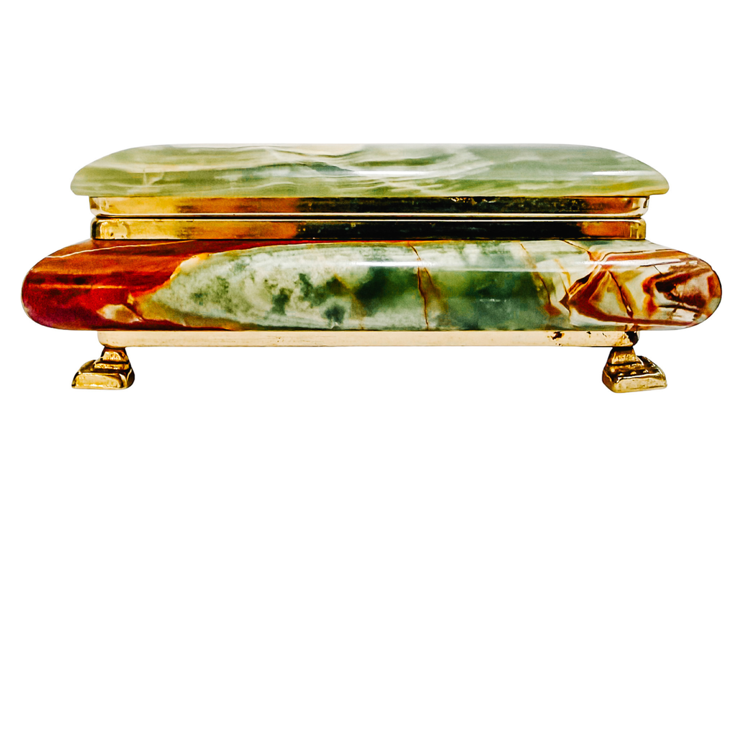 Parisian Mid-Century Footed Onyx and Brass Casket with Red Velvet Lining