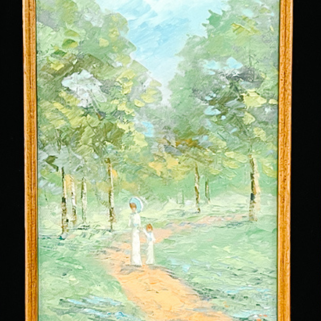Vintage Impressionist Oil Painting by Joyce Jenkins; Mother and Child in Forest