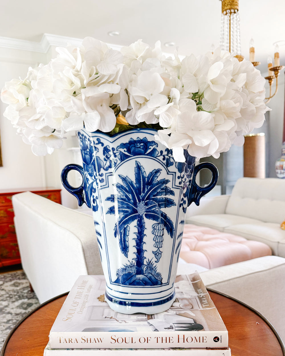 Tall Blue and White Chinoiserie Palm Tree Scalloped Vase