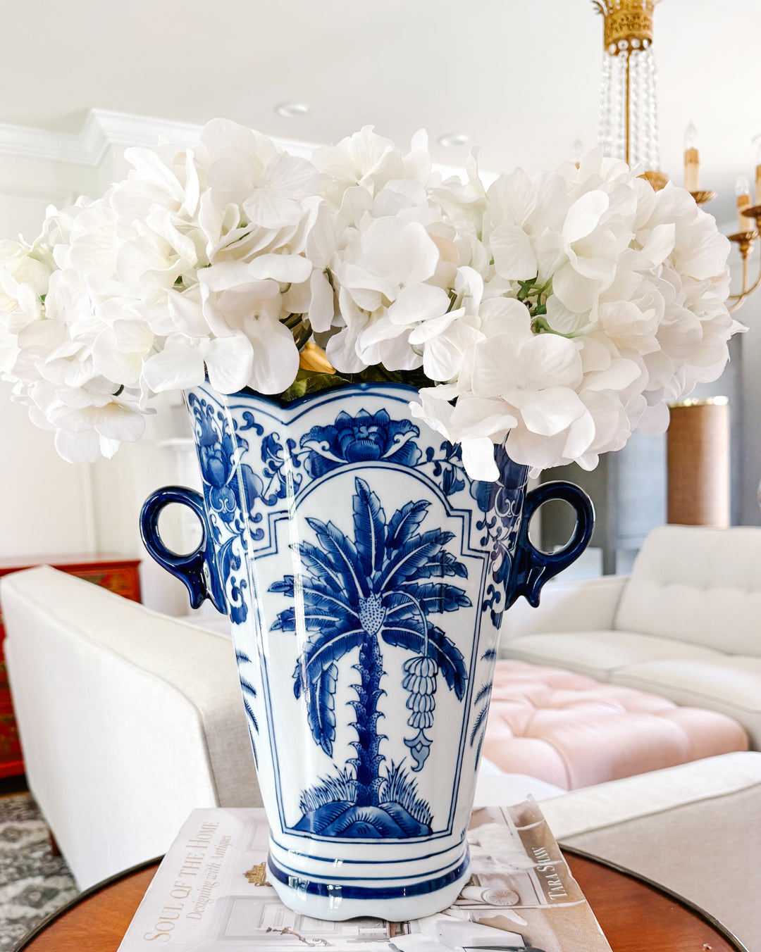 Tall Blue and White Chinoiserie Palm Tree Scalloped Vase