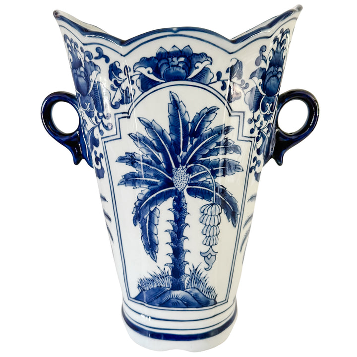 Tall Blue and White Chinoiserie Palm Tree Scalloped Vase
