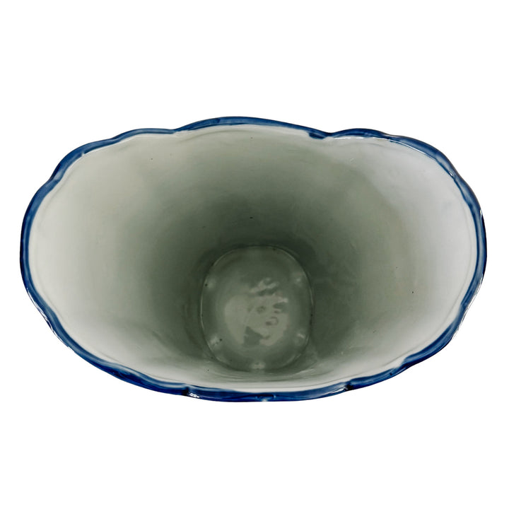 Tall Blue and White Chinoiserie Palm Tree Scalloped Vase