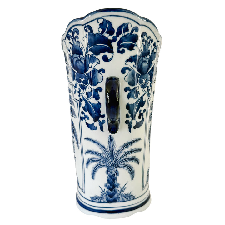 Tall Blue and White Chinoiserie Palm Tree Scalloped Vase
