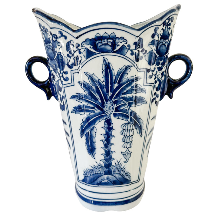 Tall Blue and White Chinoiserie Palm Tree Scalloped Vase