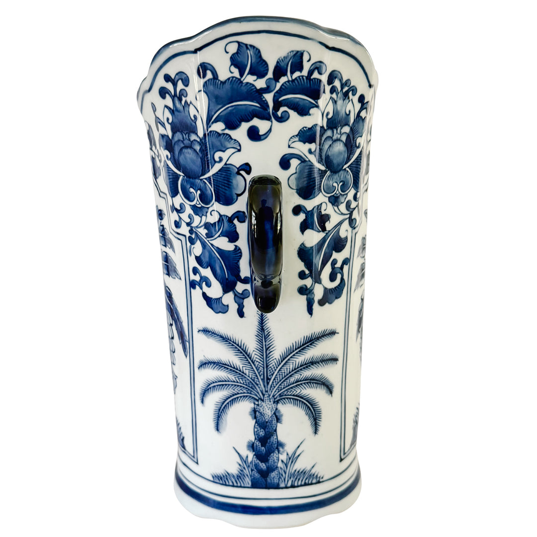 Tall Blue and White Chinoiserie Palm Tree Scalloped Vase