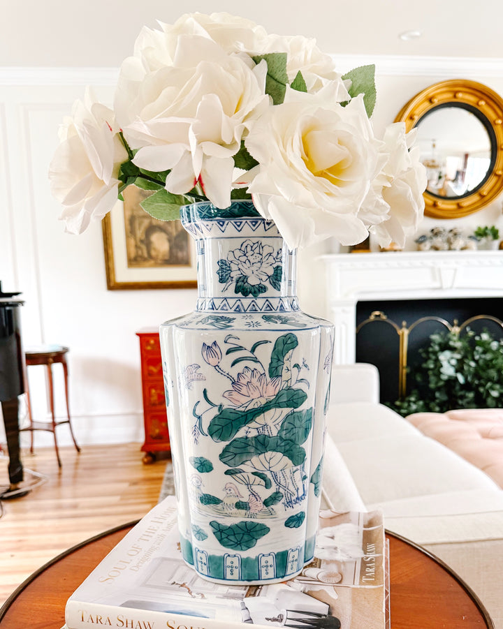 Tall Pink Lotus & Mandarin Ducks Quatrefoil Chinoiserie Vase