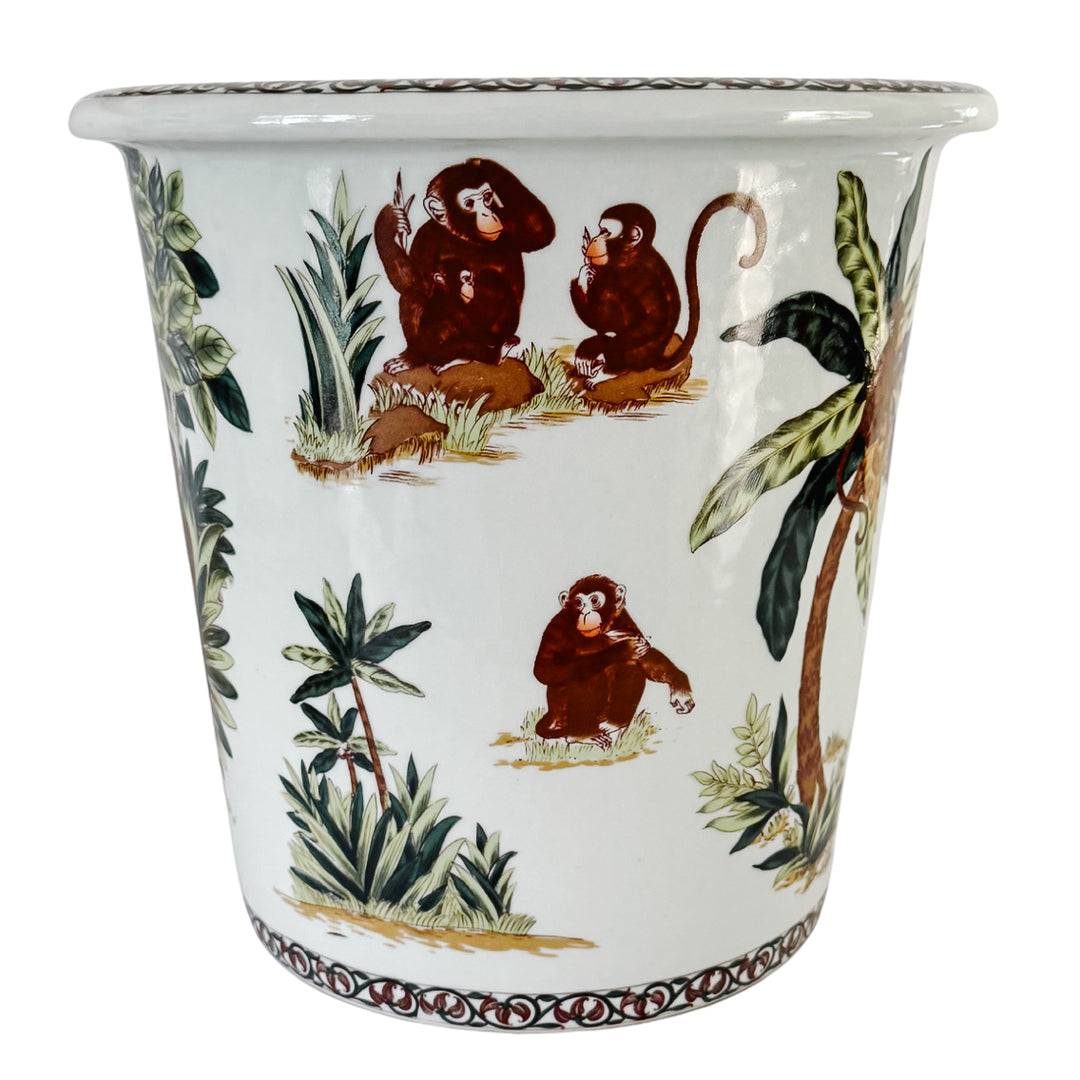 Tall Vintage Chinoiserie Porcelain Monkey Motif Cachepot