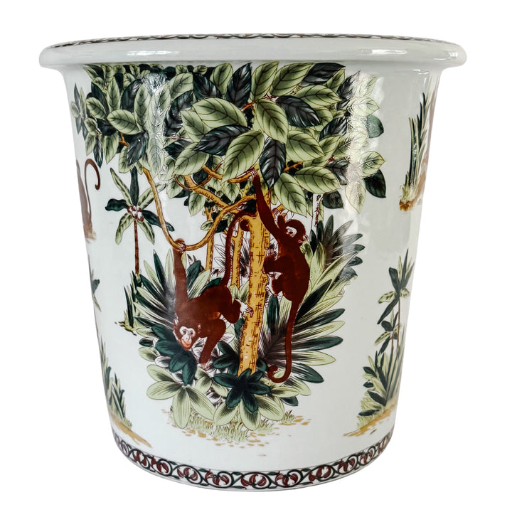 Tall Vintage Chinoiserie Porcelain Monkey Motif Cachepot