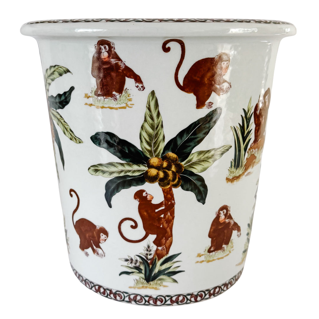 Tall Vintage Chinoiserie Porcelain Monkey Motif Cachepot