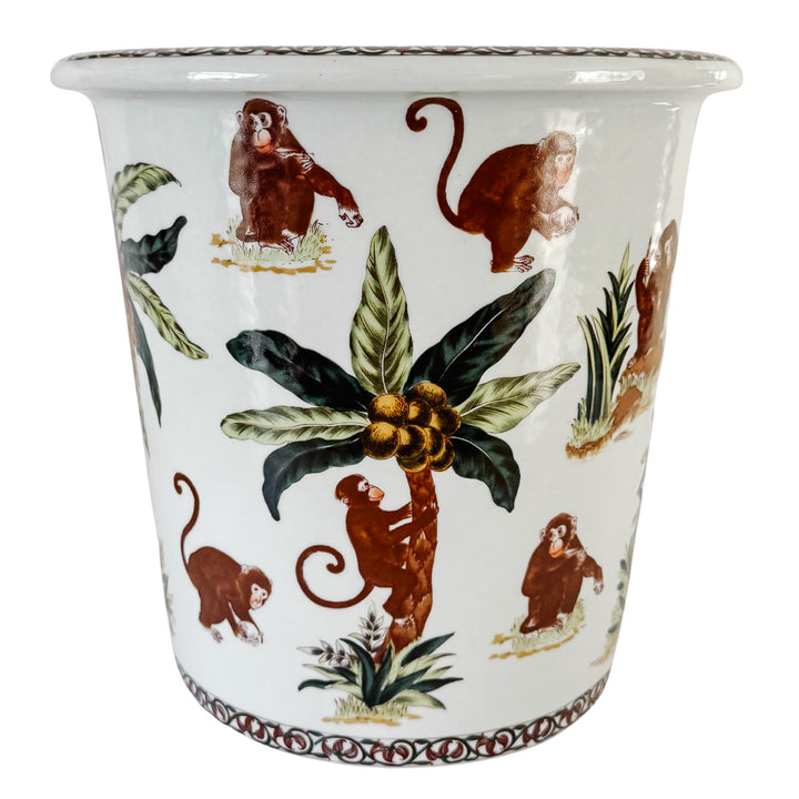 Tall Vintage Chinoiserie Porcelain Monkey Motif Cachepot