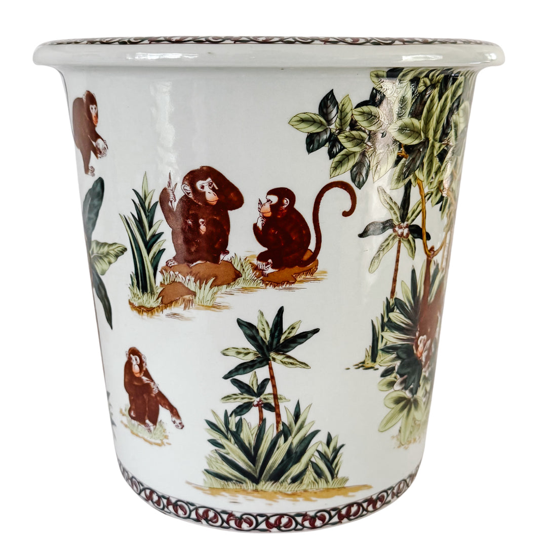 Tall Vintage Chinoiserie Porcelain Monkey Motif Cachepot