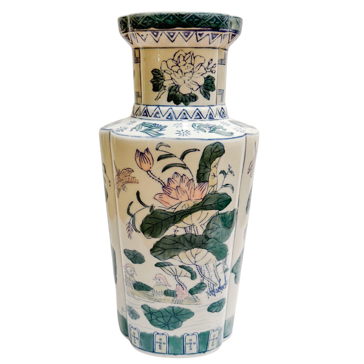 Tall Pink Lotus & Mandarin Ducks Quatrefoil Chinoiserie Vase