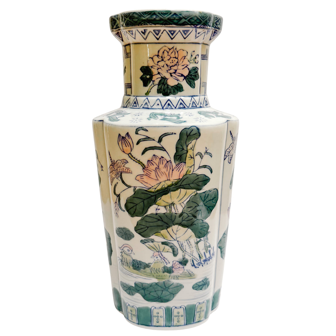 Tall Pink Lotus & Mandarin Ducks Quatrefoil Chinoiserie Vase
