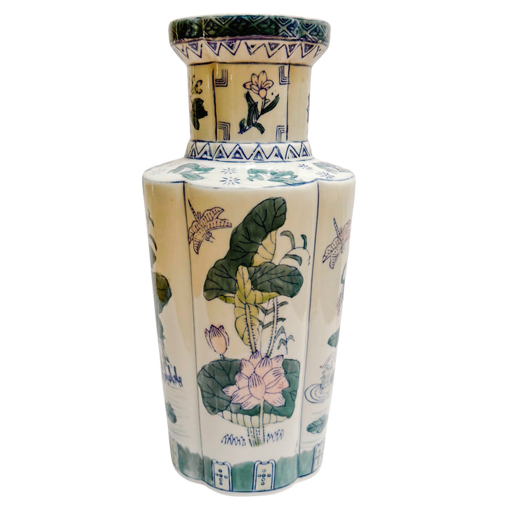 Tall Pink Lotus & Mandarin Ducks Quatrefoil Chinoiserie Vase