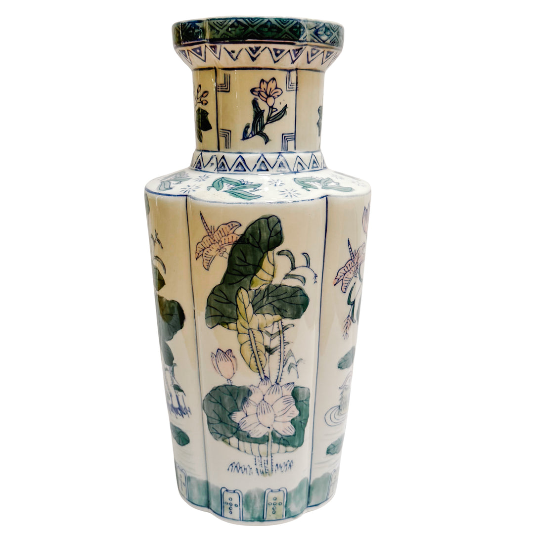 Tall Pink Lotus & Mandarin Ducks Quatrefoil Chinoiserie Vase