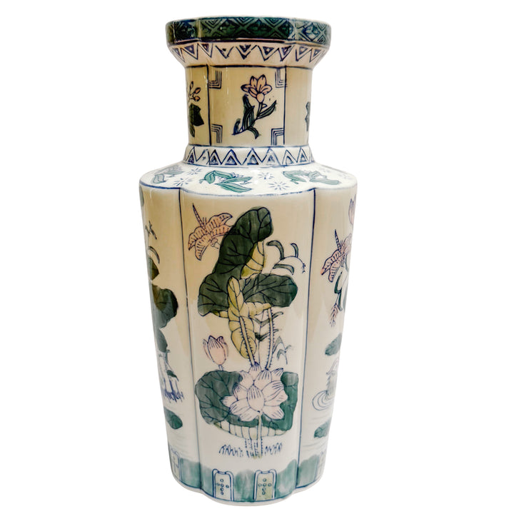 Tall Pink Lotus & Mandarin Ducks Quatrefoil Chinoiserie Vase