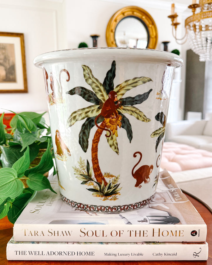 Tall Vintage Chinoiserie Porcelain Monkey Motif Cachepot