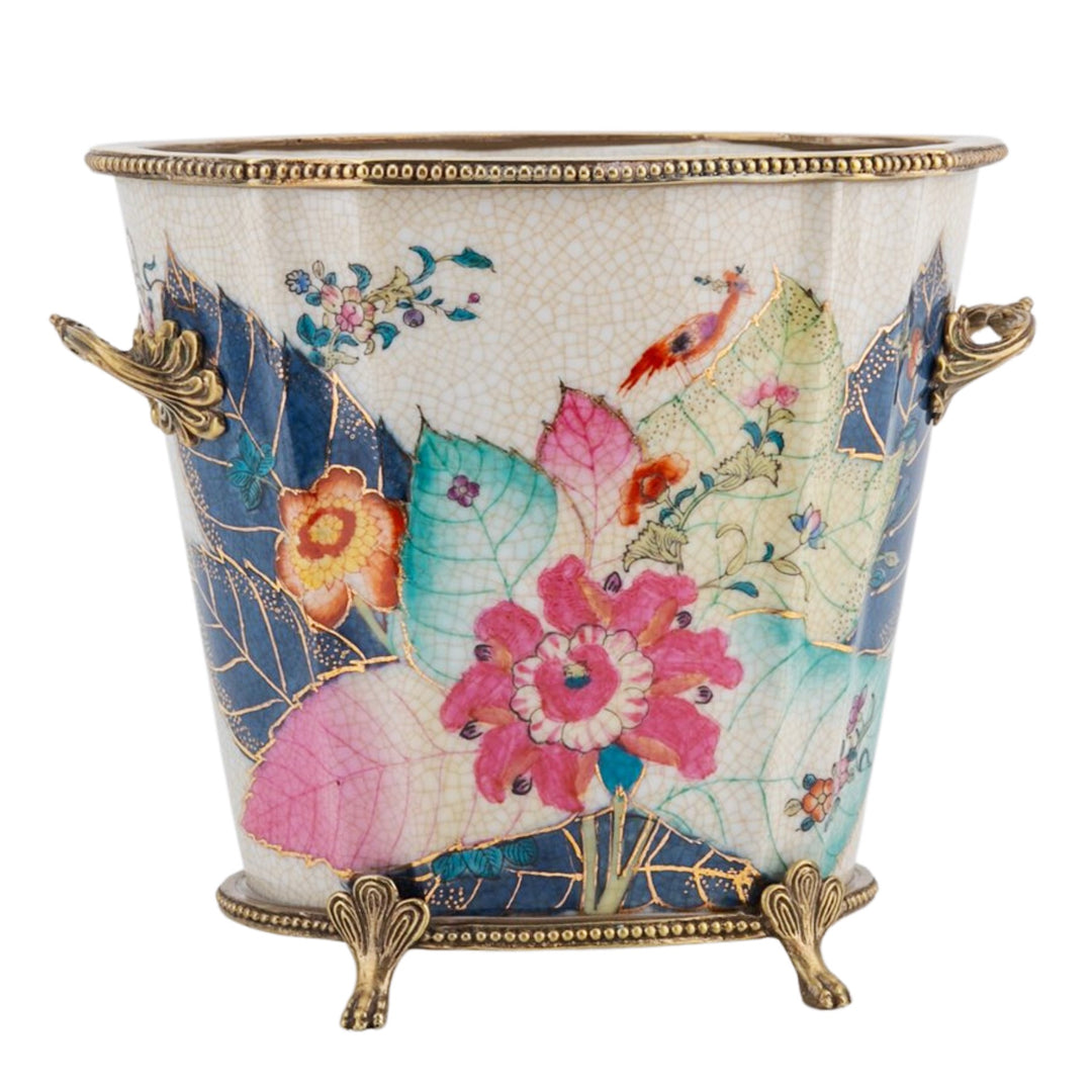 Tobacco Leaf Porcelain Cachepot Planter With Bronze Ormolu