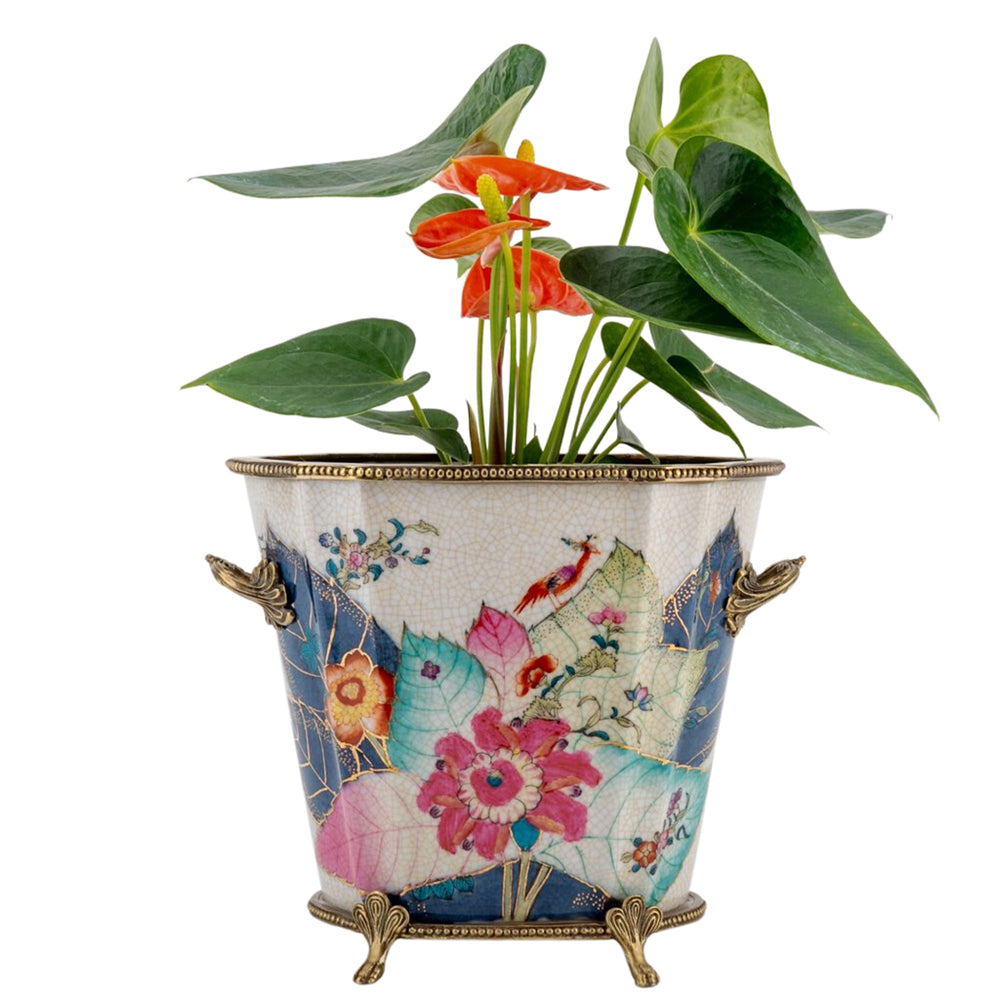 Tobacco Leaf Porcelain Cachepot Planter With Bronze Ormolu