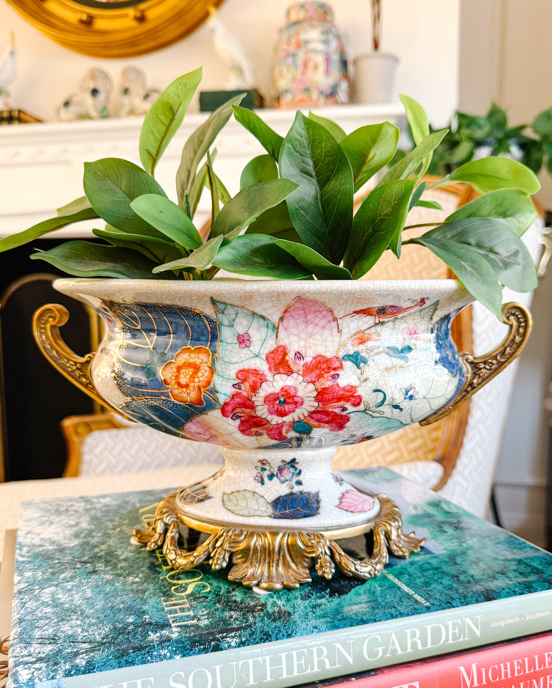 Tobacco Leaf Porcelain Cachepot Planter With Bronze Ormolu