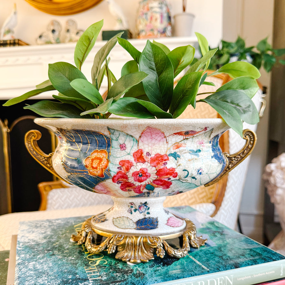 Tobacco Leaf Porcelain Cachepot Planter With Bronze Ormolu