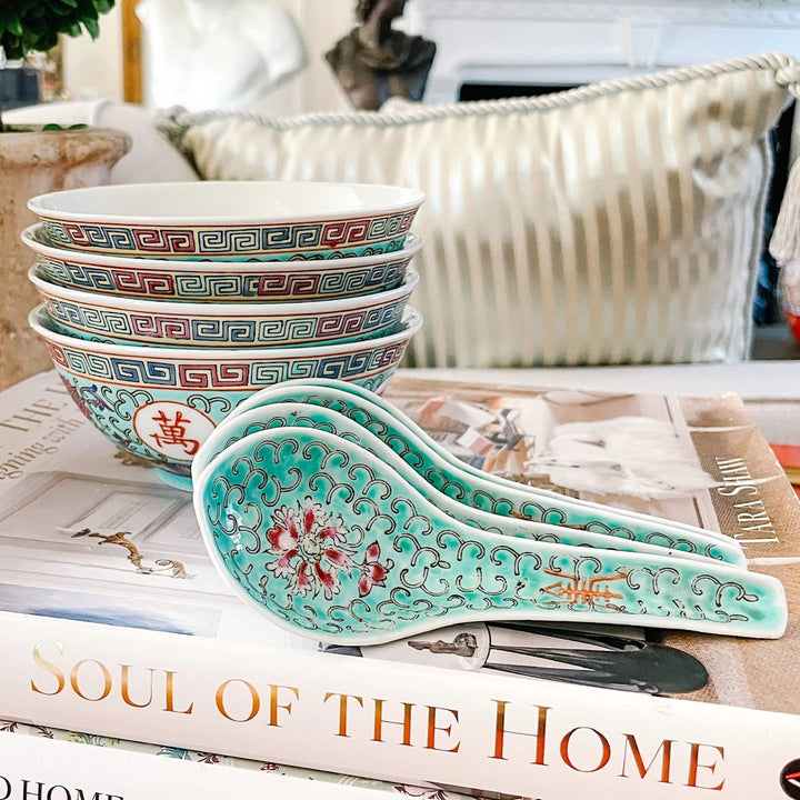 Turquoise Famille Rose Enamel Rice Bowls With Spoons