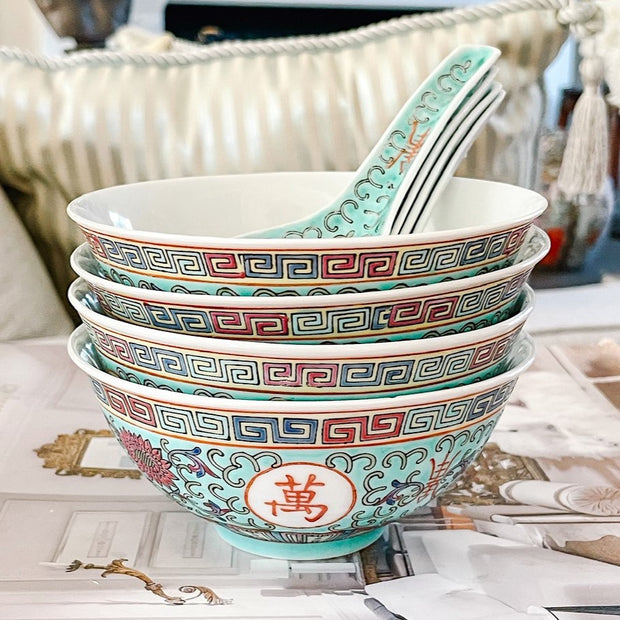 Turquoise Famille Rose Enamel Rice Bowls With Spoons