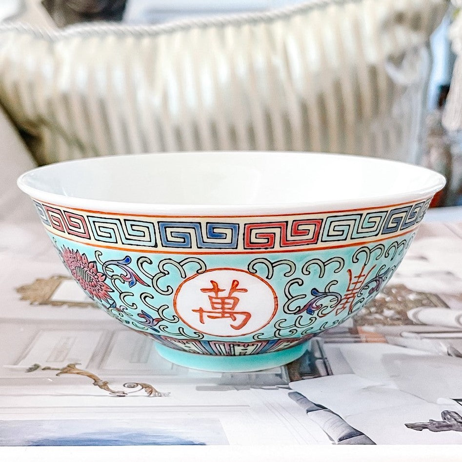 Turquoise Famille Rose Enamel Rice Bowls With Spoons