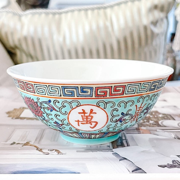 Turquoise Famille Rose Enamel Rice Bowls With Spoons