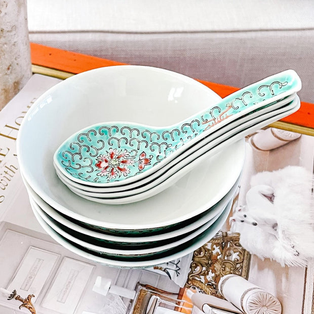 Turquoise Famille Rose Enamel Rice Bowls With Spoons