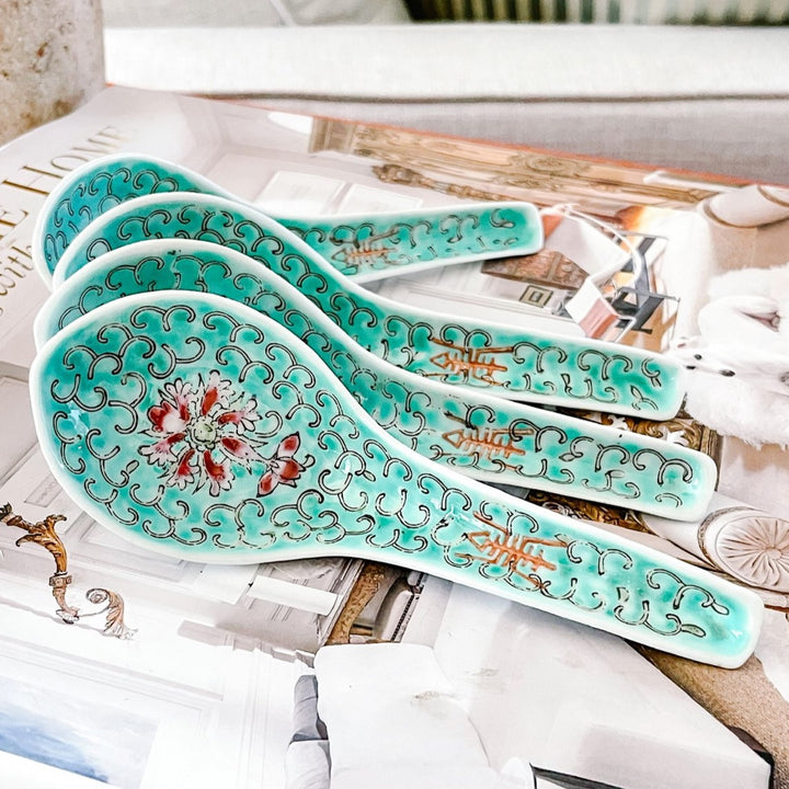 Turquoise Famille Rose Enamel Rice Bowls With Spoons